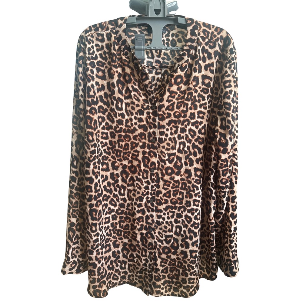 Bold Elements Womens Leopard Print Button Down Blouse XL Brown Animal Print Top